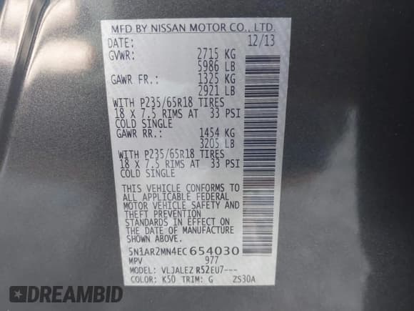 ✅ 2014 Nissan Pathfinder SV • VIN: 5N1AR2MN4EC654030 • Lot: 41797650. Listed on IAAI with 129,731 mi. Free auction sales archive from the USA and detailed vehicle history report at DreamBid. Image 9.