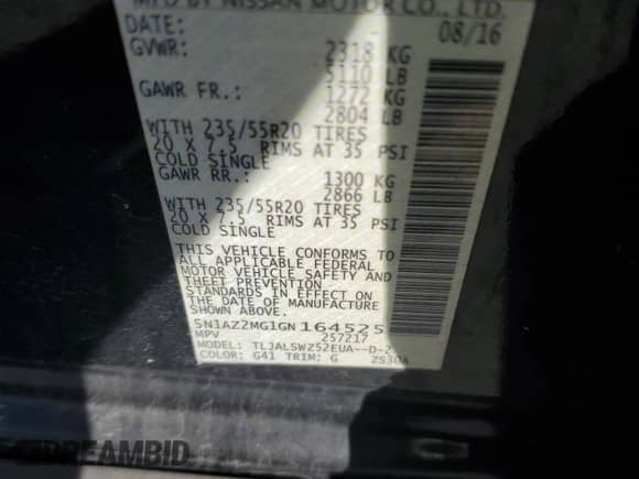 2016 Nissan Murano Platinum с VIN 5N1AZ2MG1GN164525, выставлен на аукционе Copart как лот 82346285 с пробегом 146 740 миль миль и Списание • Salvage title. История ставок и продаж доступна на DreamBid. Изображение 13.