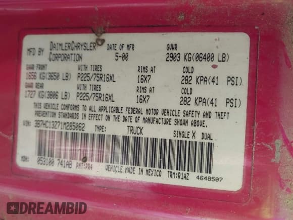 ✅ 2001 Dodge 1500 • VIN: 3B7HC13Z71M285062 • Lot: 43466827. Listed on IAAI with 191,276 mi. Free auction sales archive from the USA and detailed vehicle history report at DreamBid. Image 9.