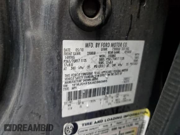 ✅ 2010 Ford Expedition SSV • VIN: 1FMJU1F5XAEB60985 • Лот: 88861195. Опубликован ранее на Copart с пробегом 270 526 миль. Бесплатный доступ к архиву аукционных продаж из США и подробный отчёт об истории автомобиля на DreamBid. Изображение 13.