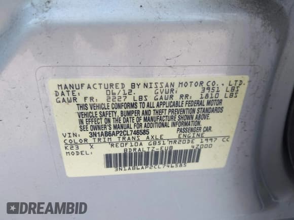 ✅ 2012 Nissan Sentra S • VIN: 3N1AB6AP2CL746585 • Lot: 43194369. Wystawiony na IAAI z przebiegiem 98 174 mil. Bezpłatny archiwum sprzedaży aukcyjnych z USA i szczegółowy raport historii pojazdu na DreamBid. Zdjęcie 9.