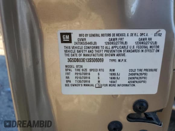 ✅ 2003 Buick Rendezvous CXL • VIN: 3G5DB03E13S506069 • Lot: 84419444. Listed on Copart with 134,576 mi. Free auction sales archive from the USA and detailed vehicle history report at DreamBid. Image 14.