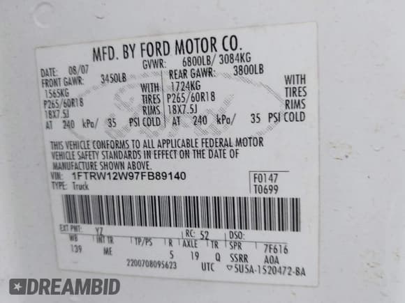 ✅ 2007 Ford F-150 XLT • VIN: 1FTRW12W97FB89140 • Lot: 43256961. Listed on IAAI with 178,982 mi. Free auction sales archive from the USA and detailed vehicle history report at DreamBid. Image 9.