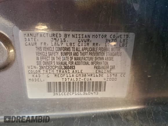 ✅ 2016 Nissan Note SV • VIN: 3N1CE2CP1GL360493 • Lot: 95785685. Wystawiony na Copart z przebiegiem 134 917 mil. Bezpłatny archiwum sprzedaży aukcyjnych z USA i szczegółowy raport historii pojazdu na DreamBid. Zdjęcie 12.