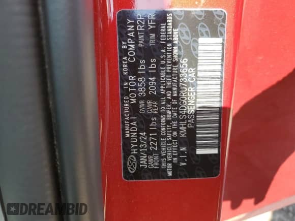 2024 Hyundai Elantra SEL with VIN KMHLS4DG0RU733656, listed as a Copart auction lot 65163465 with 10,132 mi miles and Salvage title. Bid and sale history available at DreamBid. Image 13.