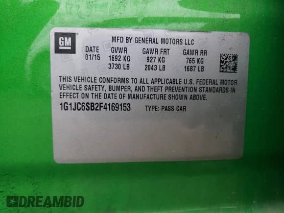 2015 Chevrolet Sonic LT с VIN 1G1JC6SB2F4169153, выставлен на аукционе Copart как лот 78679614 с пробегом 74 361 миль миль и Списание • Salvage title. История ставок и продаж доступна на DreamBid. Изображение 12.