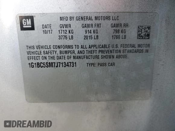 ✅ 2018 Chevrolet Cruze LS • VIN: 1G1BC5SM7J7134731 • Lot: 82364625. Listed on Copart with 84,754 mi. Free auction sales archive from the USA and detailed vehicle history report at DreamBid. Image 12.