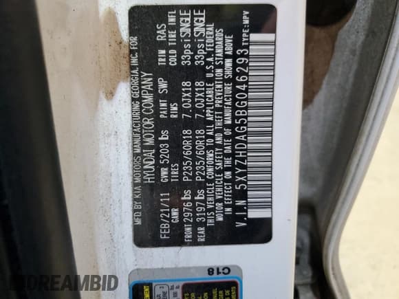 ✅ 2011 Hyundai Santa Fe SE • VIN: 5XYZHDAG5BG046293 • Lot: 82055114. Listed on Copart with 245,922 mi. Free auction sales archive from the USA and detailed vehicle history report at DreamBid. Image 15.