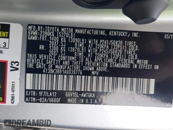 ✅ 2010 Toyota Venza • VIN: 4T3BK3BB1AU039776 • Lot: 42903491. Listed on IAAI with 215,377 mi. Free auction sales archive from the USA and detailed vehicle history report at DreamBid. Image 9.