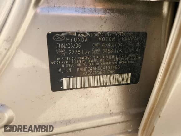 2006 Hyundai Azera SE with VIN KMHFC46F96A131463, listed as a Copart auction lot 44050615 with Not provided miles and Non repairable. Bid and sale history available at DreamBid. Image 13.