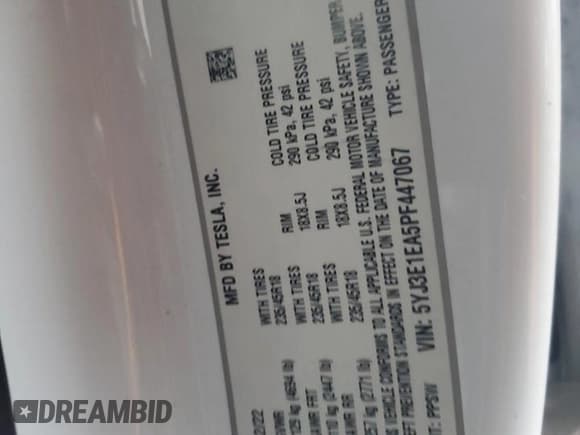 ✅ 2023 Tesla Model 3 • VIN: 5YJ3E1EA5PF447067 • Lot: 93704365. Listed on Copart with 129,914 mi. Free auction sales archive from the USA and detailed vehicle history report at DreamBid. Image 12.