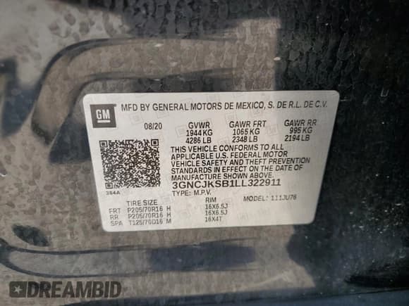 ✅ 2020 Chevrolet Trax LS • VIN: 3GNCJKSB1LL322911 • Lot: 81003565. Listed on Copart with 72,510 mi. Free auction sales archive from the USA and detailed vehicle history report at DreamBid. Image 13.