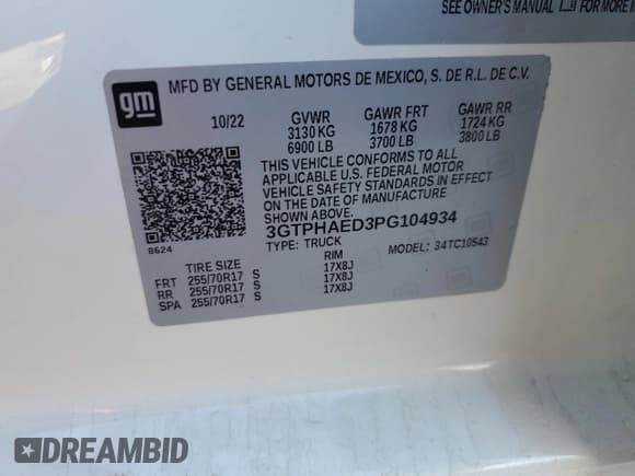 ✅ 2023 GMC Sierra 1500 • VIN: 3GTPHAED3PG104934 • Lot: 85552124. Listed on Copart with 15,240 mi. Free auction sales archive from the USA and detailed vehicle history report at DreamBid. Image 12.