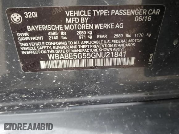 ✅ 2016 BMW 3 Series 320i xDrive • VIN: WBA8E5G55GNU21841 • Lot: 58312655. Listed on Copart with 120,955 mi. Free auction sales archive from the USA and detailed vehicle history report at DreamBid. Image 13.