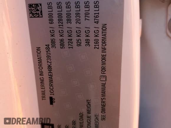 ✅ 2019 Chevrolet Silverado 1500 Work Truck • VIN: 1GCRWAEH8KZ391584 • Lot: 71599915. Wystawiony na Copart z przebiegiem 113 262 mil. Bezpłatny archiwum sprzedaży aukcyjnych z USA i szczegółowy raport historii pojazdu na DreamBid. Zdjęcie 12.