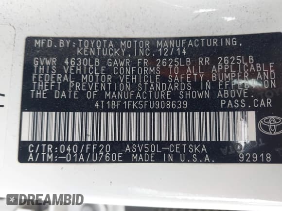 ✅ 2015 Toyota Camry XLE • VIN: 4T1BF1FK5FU908639 • Lot: 43681400. Listed on IAAI with 132,178 mi. Free auction sales archive from the USA and detailed vehicle history report at DreamBid. Image 9.