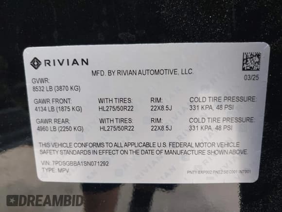 ✅ 2025 Rivian R1S Adventure • VIN: 7PDSGBBA1SN071292 • Lot: 42371811. Listed on IAAI with 3,853 mi. Free auction sales archive from the USA and detailed vehicle history report at DreamBid. Image 9.