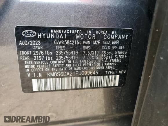 2023 Hyundai Santa Fe SEL Convenience with VIN KM8S6DA21PU099649, listed as a Copart auction lot 68013965 with 56,276 mi miles and Clean title. Bid and sale history available at DreamBid. Image 14.