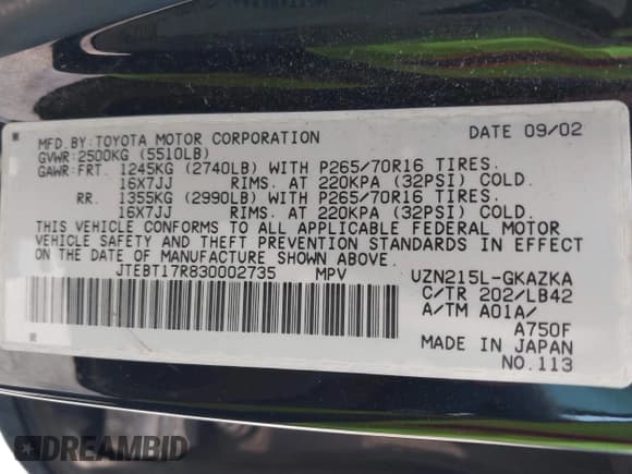 ✅ 2003 Toyota 4Runner Limited • VIN: JTEBT17R830002735 • Lot: 42981872. Wystawiony na IAAI z przebiegiem 269 184 mil. Bezpłatny archiwum sprzedaży aukcyjnych z USA i szczegółowy raport historii pojazdu na DreamBid. Zdjęcie 9.