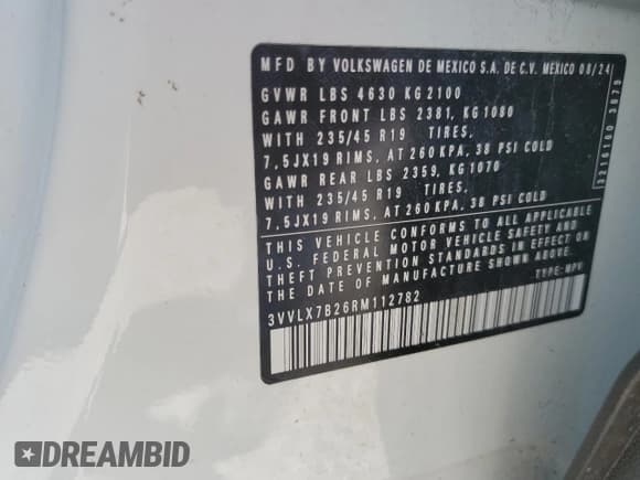 ✅ 2024 Volkswagen Taos SE Black • VIN: 3VVLX7B26RM112782 • Lot: 64684795. Listed on Copart with 11,172 mi. Free auction sales archive from the USA and detailed vehicle history report at DreamBid. Image 13.