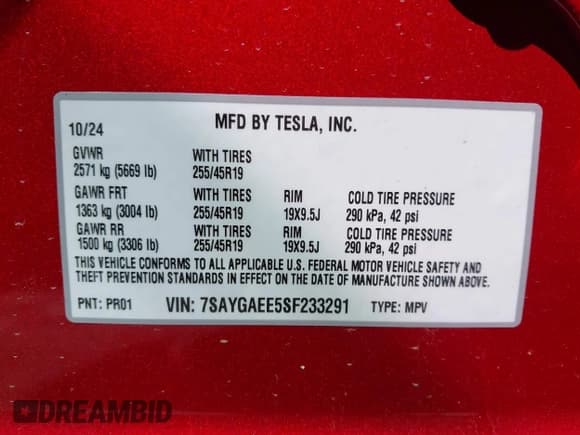 ✅ 2025 Tesla Model Y Long Range • VIN: 7SAYGAEE5SF233291 • Lot: 42771468. Listed on IAAI with 4,953 mi. Free auction sales archive from the USA and detailed vehicle history report at DreamBid. Image 9.