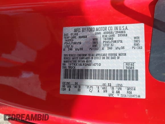 ✅ 2003 Ford F-150 XL • VIN: 1FTRX18L93NB14710 • Lot: 42088467. Listed on IAAI with 225,789 mi. Free auction sales archive from the USA and detailed vehicle history report at DreamBid. Image 9.