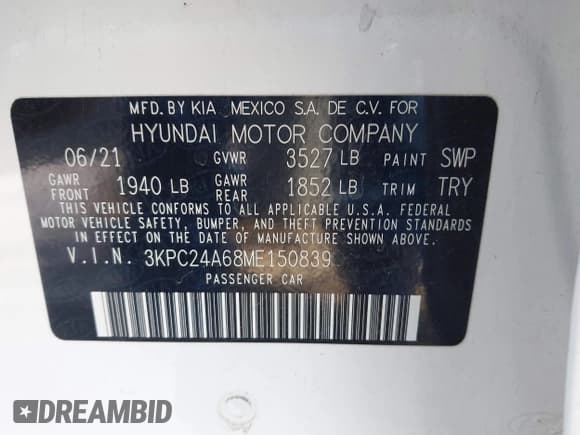 ✅ 2021 Hyundai Accent SE • VIN: 3KPC24A68ME150839 • Lot: 43412612. Listed on IAAI with 43,460 mi. Free auction sales archive from the USA and detailed vehicle history report at DreamBid. Image 9.