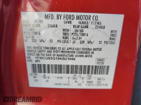 ✅ 2009 Ford Escape XLT • VIN: 1FMCU93G19KB21096 • Lot: 93309075. Listed on Copart with 136,879 mi. Free auction sales archive from the USA and detailed vehicle history report at DreamBid. Image 13.