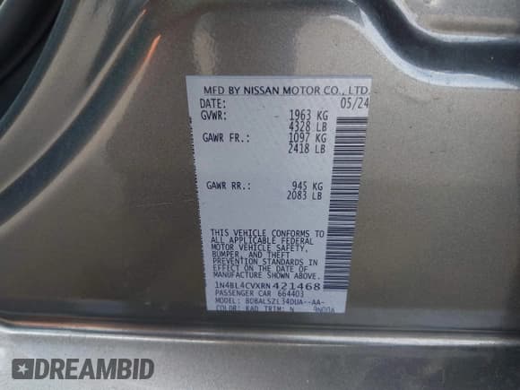 ✅ 2024 Nissan Altima SR • VIN: 1N4BL4CVXRN421468 • Lot: 43692245. Listed on IAAI with 26,285 mi. Free auction sales archive from the USA and detailed vehicle history report at DreamBid. Image 9.