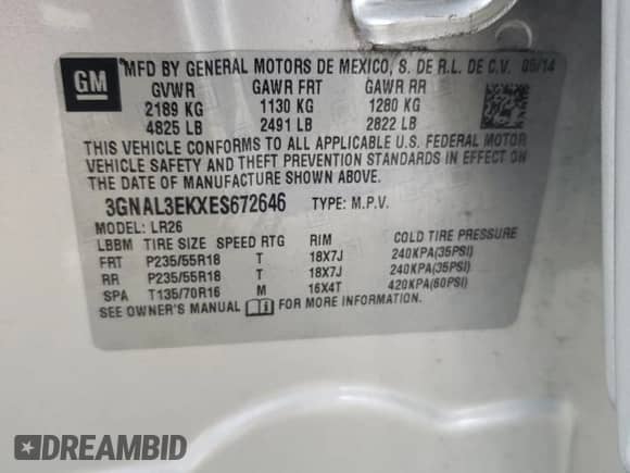 2014 Chevrolet Captiva Sport LT с VIN 3GNAL3EKXES672646, выставлен на аукционе Copart как лот 86332095 с пробегом 79 416 миль миль и Списание • Salvage title. История ставок и продаж доступна на DreamBid. Изображение 14.