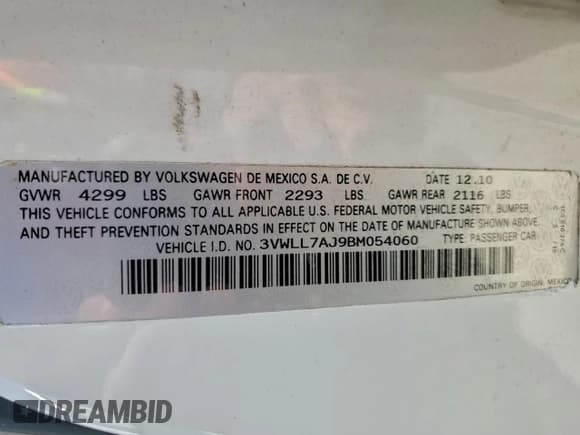 ✅ 2011 Volkswagen Jetta TDI • VIN: 3VWLL7AJ9BM054060 • Lot: 92314485. Listed on Copart with 107,478 mi. Free auction sales archive from the USA and detailed vehicle history report at DreamBid. Image 12.