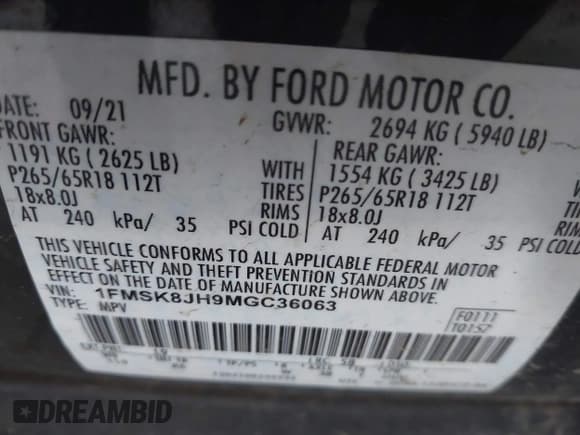 ✅ 2021 Ford Explorer Timberline • VIN: 1FMSK8JH9MGC36063 • Лот: 42205601. Опубликован ранее на IAAI с пробегом 52 221 миль. Бесплатный доступ к архиву аукционных продаж из США и подробный отчёт об истории автомобиля на DreamBid. Изображение 9.