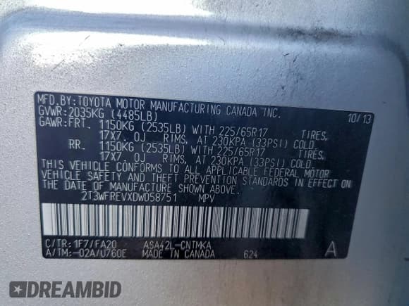 ✅ 2013 Toyota RAV4 XLE • VIN: 2T3WFREVXDW058751 • Лот: 94351585. Опубликован ранее на Copart с пробегом 165 211 миль. Бесплатный доступ к архиву аукционных продаж из США и подробный отчёт об истории автомобиля на DreamBid. Изображение 13.