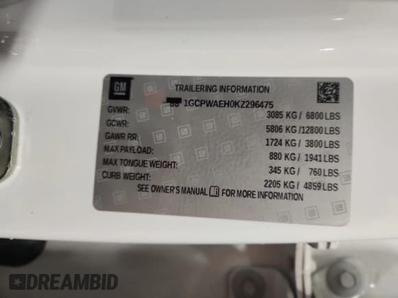 ✅ 2019 Chevrolet Silverado 1500 Work Truck • VIN: 1GCPWAEH0KZ296475 • Lot: 85192735. Wystawiony na Copart z przebiegiem 166 975 mil. Bezpłatny archiwum sprzedaży aukcyjnych z USA i szczegółowy raport historii pojazdu na DreamBid. Zdjęcie 12.