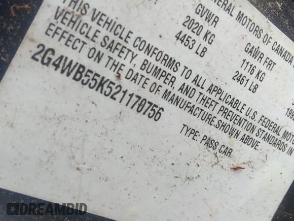 ✅ 2002 Buick Regal LS • VIN: 2G4WB55K521170756 • Lot: 42103629. Listed on IAAI with Not provided. Free auction sales archive from the USA and detailed vehicle history report at DreamBid. Image 9.