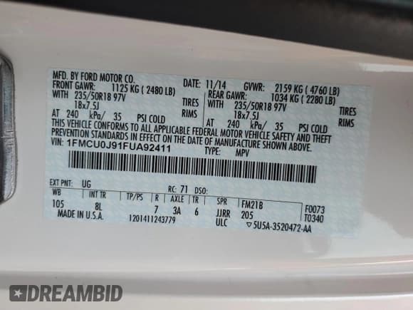 ✅ 2015 Ford Escape Titanium • VIN: 1FMCU0J91FUA92411 • Lot: 93343675. Listed on Copart with 46,939 mi. Free auction sales archive from the USA and detailed vehicle history report at DreamBid. Image 13.