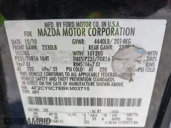 ✅ 2011 Mazda Tribute Sport • VIN: 4F2CY0C78BKM03715 • Лот: 42308440. Опубликован ранее на IAAI с пробегом 277 154 миль. Бесплатный доступ к архиву аукционных продаж из США и подробный отчёт об истории автомобиля на DreamBid. Изображение 9.