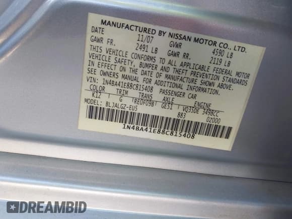 ✅ 2008 Nissan Maxima SE • VIN: 1N4BA41E88C815408 • Lot: 42586945. Listed on IAAI with Not provided. Free auction sales archive from the USA and detailed vehicle history report at DreamBid. Image 9.