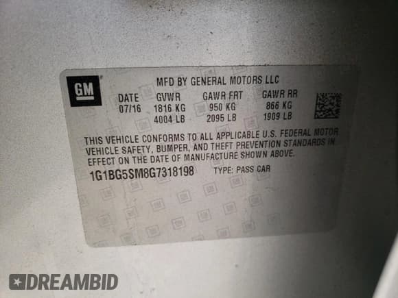 ✅ 2016 Chevrolet Cruze Premier • VIN: 1G1BG5SM8G7318198 • Lot: 47637493. Listed on Copart with 84,691 mi. Free auction sales archive from the USA and detailed vehicle history report at DreamBid. Image 13.