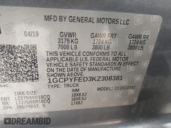 ✅ 2019 Chevrolet Silverado 1500 LT Trail Boss • VIN: 1GCPYFED3KZ308381 • Lot: 43585744. Listed on IAAI with 165,215 mi. Free auction sales archive from the USA and detailed vehicle history report at DreamBid. Image 9.