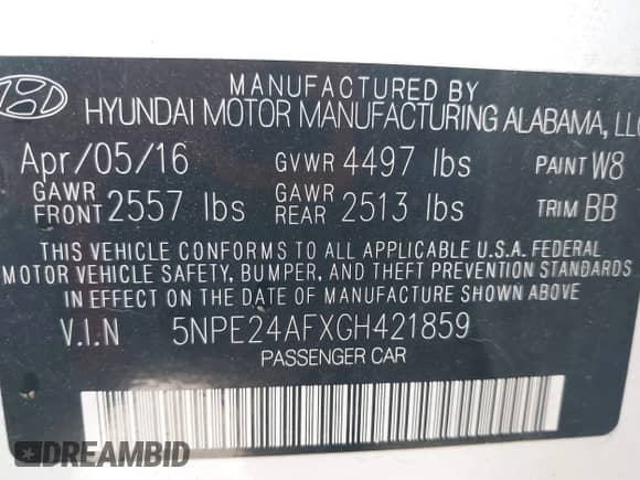 2016 Hyundai Sonata SE with VIN 5NPE24AFXGH421859, listed as a IAAI auction lot 43198351 with 68,275 mi miles and . Bid and sale history available at DreamBid. Image 9.