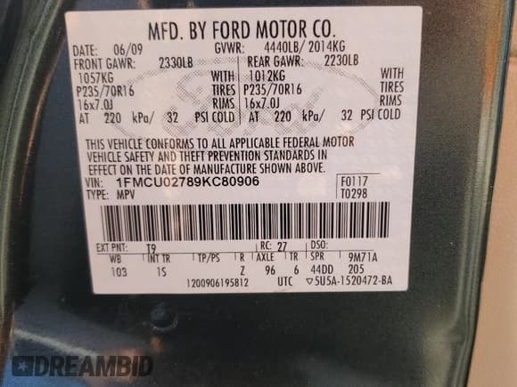 ✅ 2009 Ford Escape XLS • VIN: 1FMCU02789KC80906 • Lot: 84623545. Listed on Copart with 141,224 mi. Free auction sales archive from the USA and detailed vehicle history report at DreamBid. Image 13.