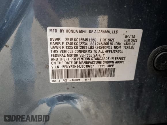 ✅ 2018 Honda Pilot EX-L • VIN: 5FNYF5H64JB019287 • Lot: 46041724. Listed on Copart with Not provided. Free auction sales archive from the USA and detailed vehicle history report at DreamBid. Image 13.