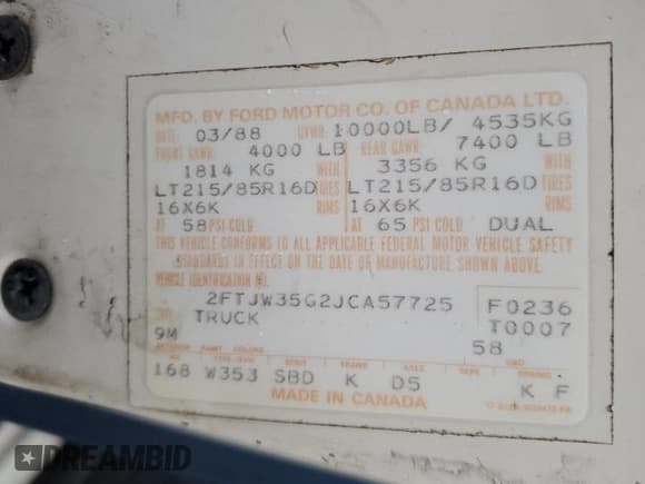 ✅ 1988 Ford F-350 • VIN: 2FTJW35G2JCA57725 • Lot: 82231744. Wystawiony na Copart z przebiegiem 50 616 mil. Bezpłatny archiwum sprzedaży aukcyjnych z USA i szczegółowy raport historii pojazdu na DreamBid. Zdjęcie 12.