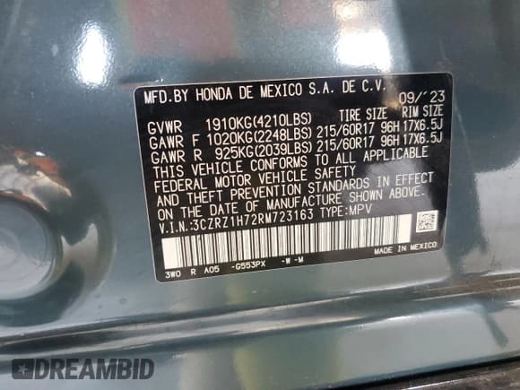 ✅ 2024 Honda HR-V EX-L • VIN: 3CZRZ1H72RM723163 • Lot: 89725195. Listed on Copart with 53,424 mi. Free auction sales archive from the USA and detailed vehicle history report at DreamBid. Image 14.