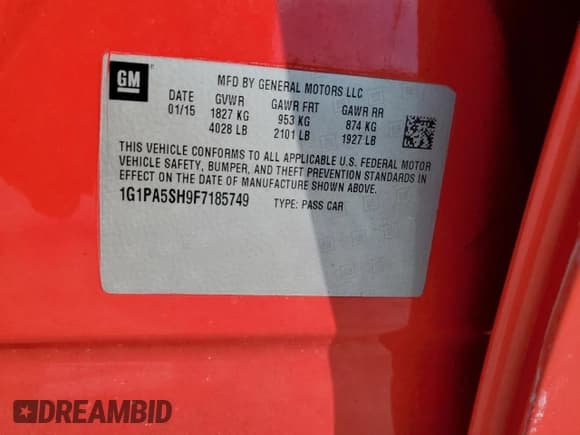 ✅ 2015 Chevrolet Cruze LS • VIN: 1G1PA5SH9F7185749 • Lot: 83869125. Listed on Copart with 139,634 mi. Free auction sales archive from the USA and detailed vehicle history report at DreamBid. Image 12.