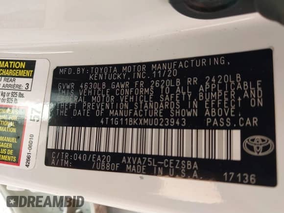 2021 Toyota Camry SE with VIN 4T1G11BKXMU023943, listed as a IAAI auction lot 42600515 with 70,445 mi miles and . Bid and sale history available at DreamBid. Image 9.