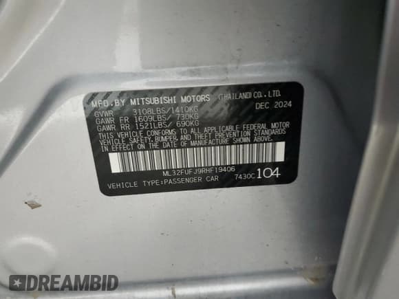 ✅ 2024 Mitsubishi Mirage ES • VIN: ML32FUFJ9RHF19406 • Лот: 93402175. Опубликован ранее на Copart с пробегом 10 940 миль. Бесплатный доступ к архиву аукционных продаж из США и подробный отчёт об истории автомобиля на DreamBid. Изображение 12.