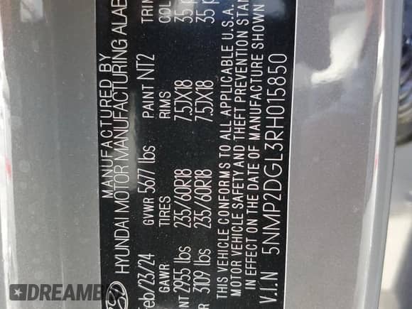 2024 Hyundai Santa Fe SEL с VIN 5NMP2DGL3RH015850, выставлен на аукционе Copart как лот 48103085 с пробегом 23 220 миль миль и Чистый • Clean title. История ставок и продаж доступна на DreamBid. Изображение 14.