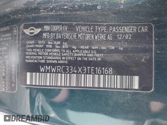 ✅ 2003 MINI Hardtop • VIN: WMWRC334X3TE16168 • Lot: 43880126. Listed on IAAI with Not provided. Free auction sales archive from the USA and detailed vehicle history report at DreamBid. Image 9.